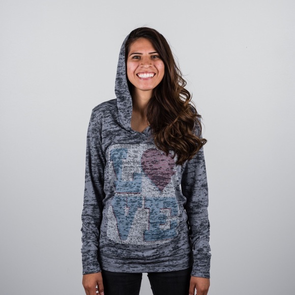 LOVE printed on gray burnout hoodie - Picture 1 of 4